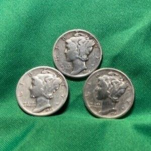 (Lot of 3) choice-gem MERCURY silver U.S. dimes. 1943p, 1944p & 1945 s